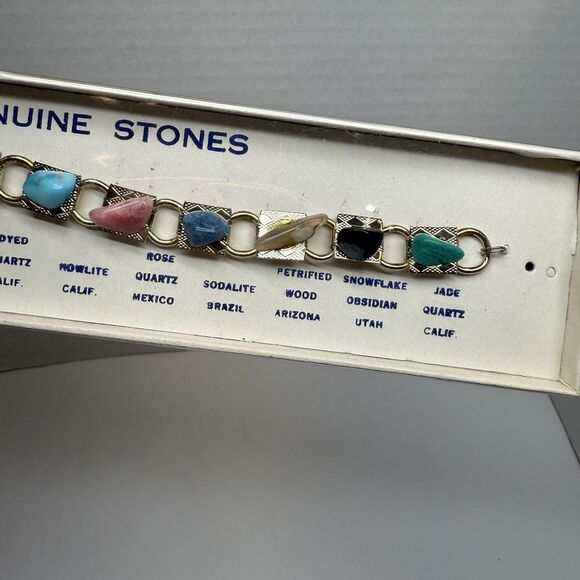 Vintage Metal Panel Link Bracelet With Genuine Natural Stone Nuggets New - Picture 4 of 6